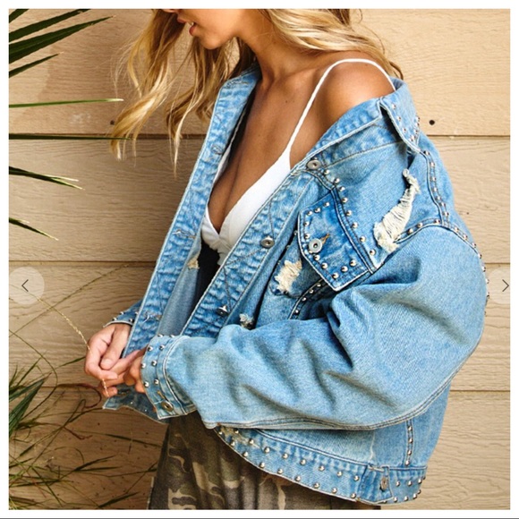 Most Fabulous Retro Studded washed distressed denim jacket - Picture 4 of 7
